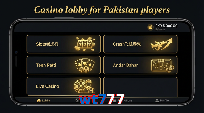 Lobby view of Wt777 for Pakistan users